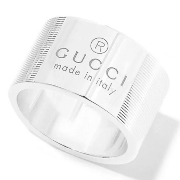 NEW Gucci Trademark Logo Sterling Silver Wide Striped Band Ring - Picture 1 of 6
